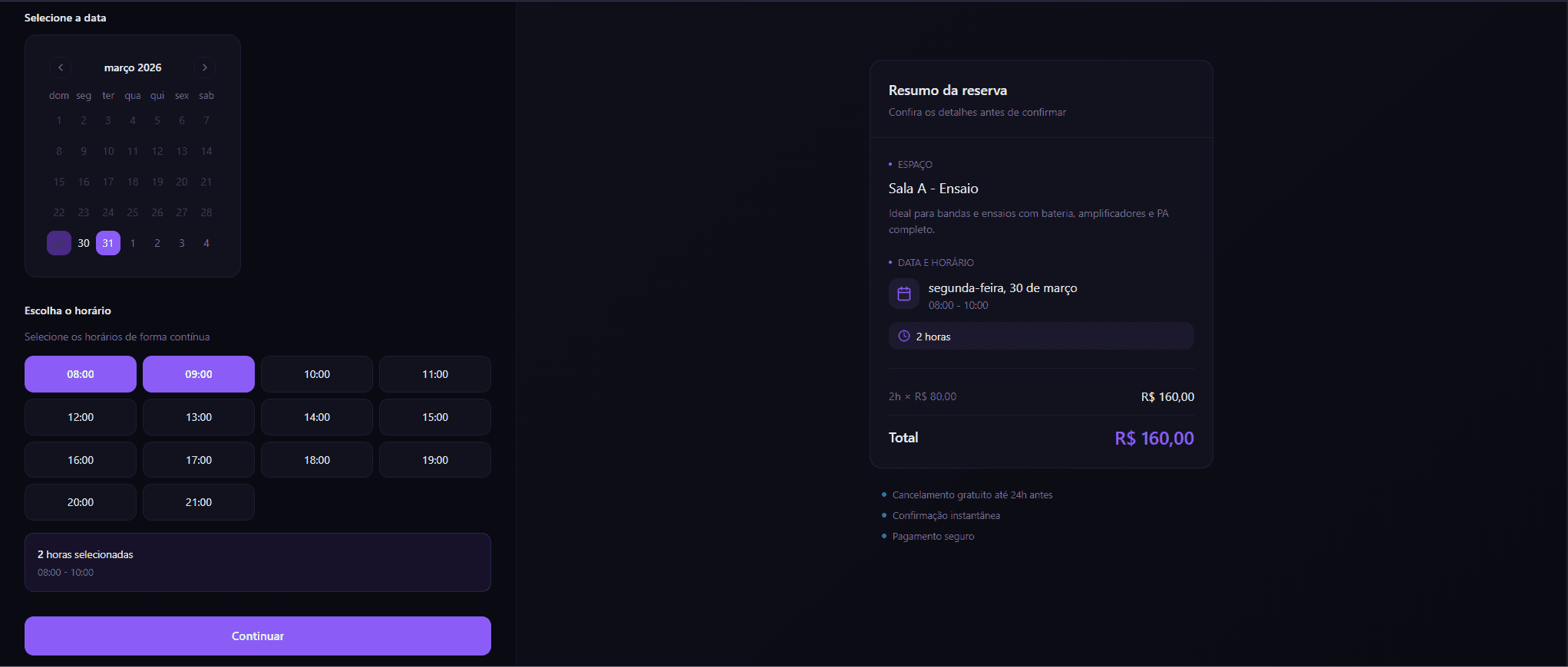 Escolha de data e horário